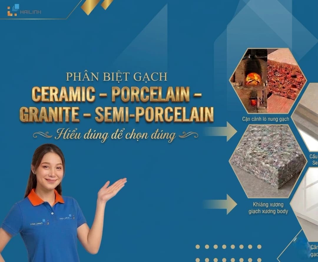 Phân biệt gạch Ceramic – Porcelain – Granite – Semi-Porcelain: Hiểu đúng để chọn đúng