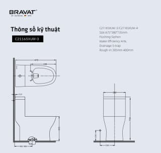 Ảnh Bồn cầu 1 khối Bravat C21165XUW-3 5