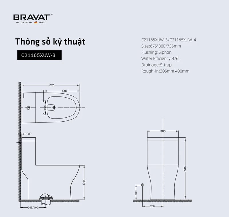Ảnh Bồn cầu 1 khối Bravat C21165XUW-3 5