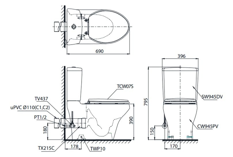 Ảnh Bồn cầu 2 khối TOTO CS945PDE2 2