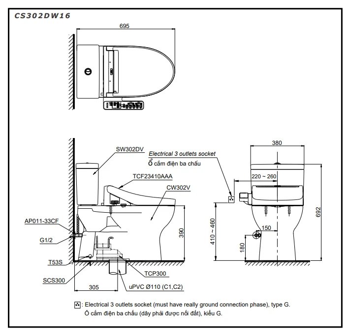 Ảnh Bồn cầu điện tử TOTO CS302DW16 2