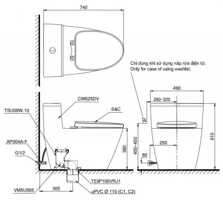 Ảnh Bồn cầu 1 khối TOTO MS625DE4 3