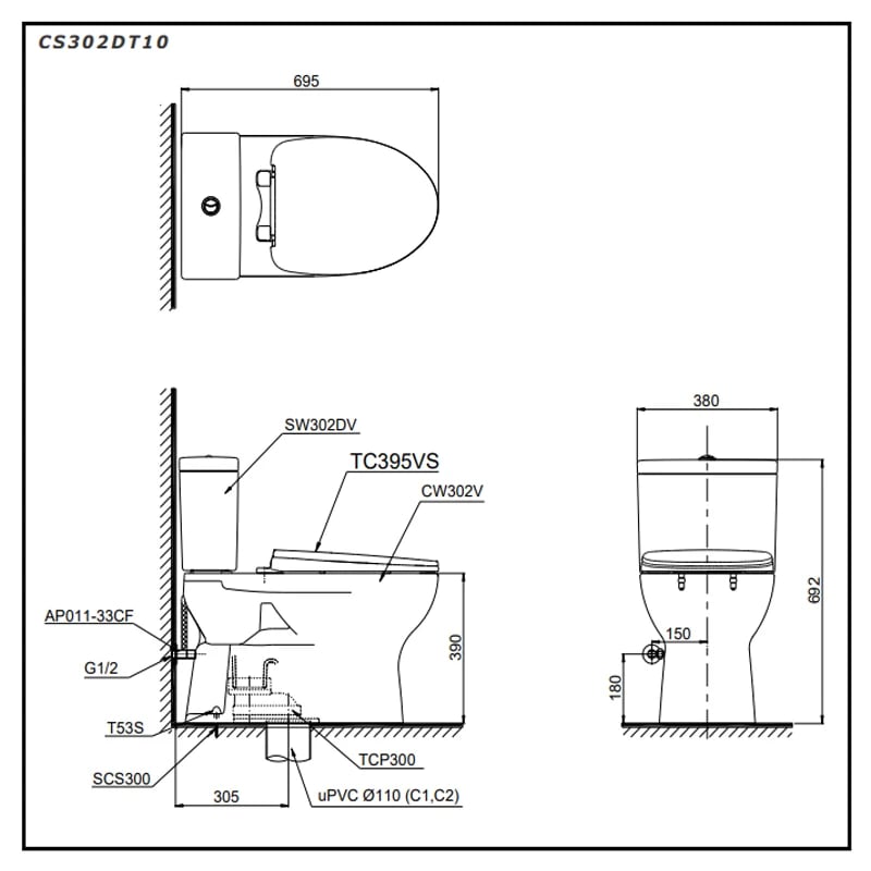 Ảnh Bồn cầu 2 khối TOTO CS302DT10 2
