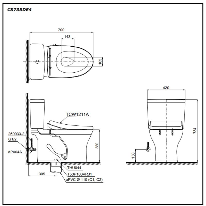 Ảnh Bồn cầu 2 khối TOTO CS735DE4 4