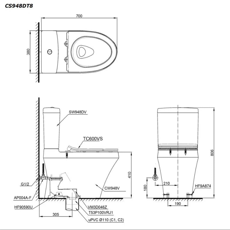 Ảnh Bồn cầu 2 khối TOTO CS948DT8 2