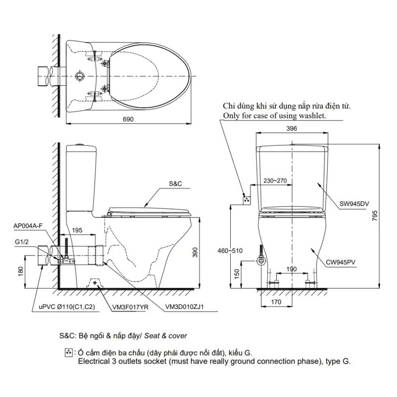 Ảnh Bồn cầu 2 khối TOTO CS945PDE4 2