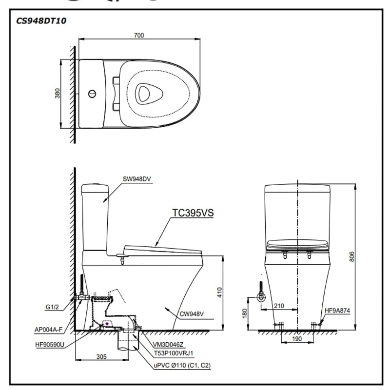 Ảnh Bồn cầu 2 khối TOTO CS948DT10 2