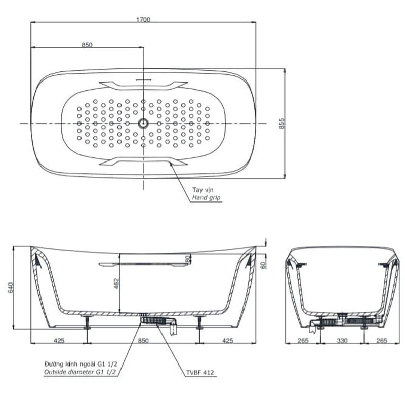 Ảnh Bồn tắm đặt sàn TOTO PJY1734HPWEN/TVBF412 2