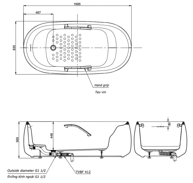 Ảnh Bồn tắm đặt sàn TOTO PJY1744HPWEN#GW/TVBF412 2