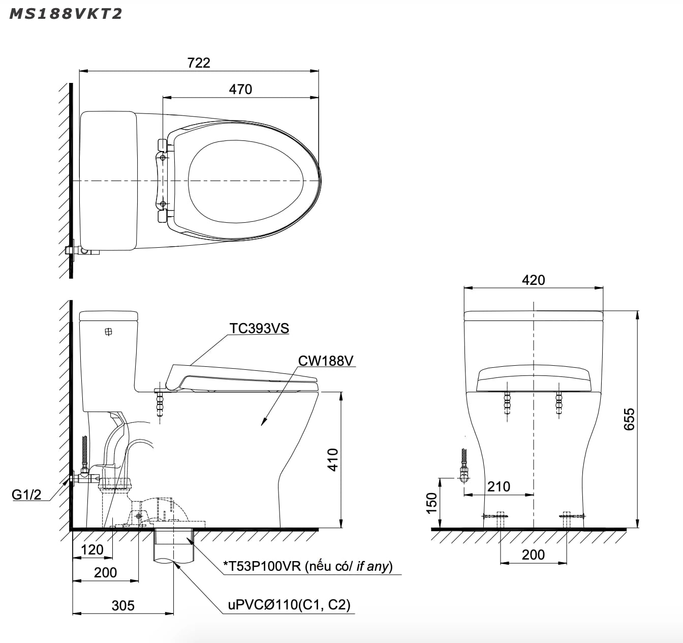 Ảnh Bồn cầu 1 khối TOTO MS188VKT8/T53P100VR 2