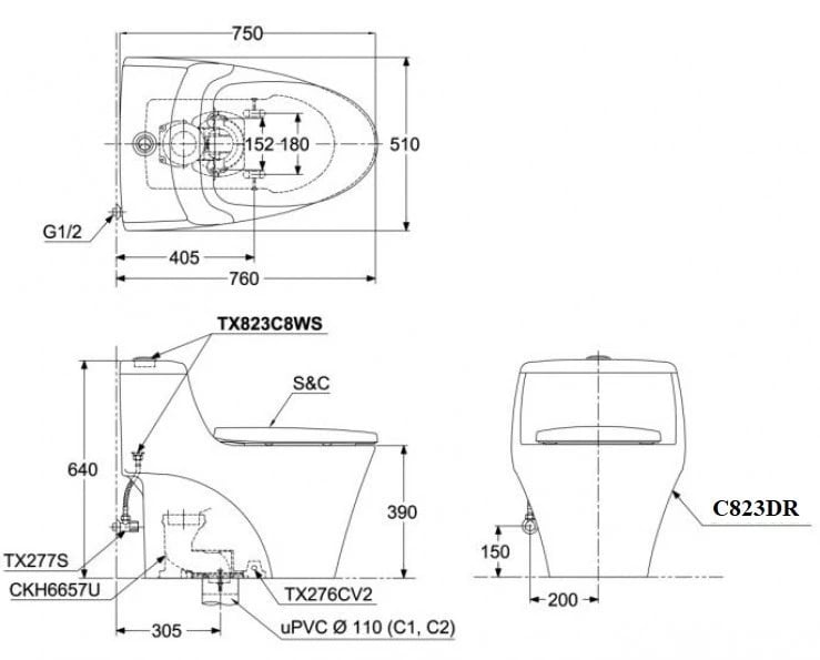 Ảnh Bồn cầu 1 khối TOTO MS823DRT8 2
