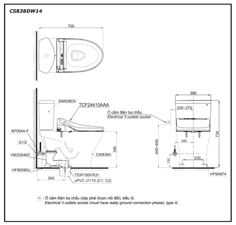 Ảnh Bồn cầu điện tử TOTO CS838DW14 2