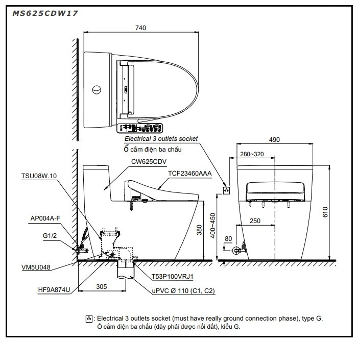 Ảnh Bồn cầu điện tử TOTO MS625CDW17 2