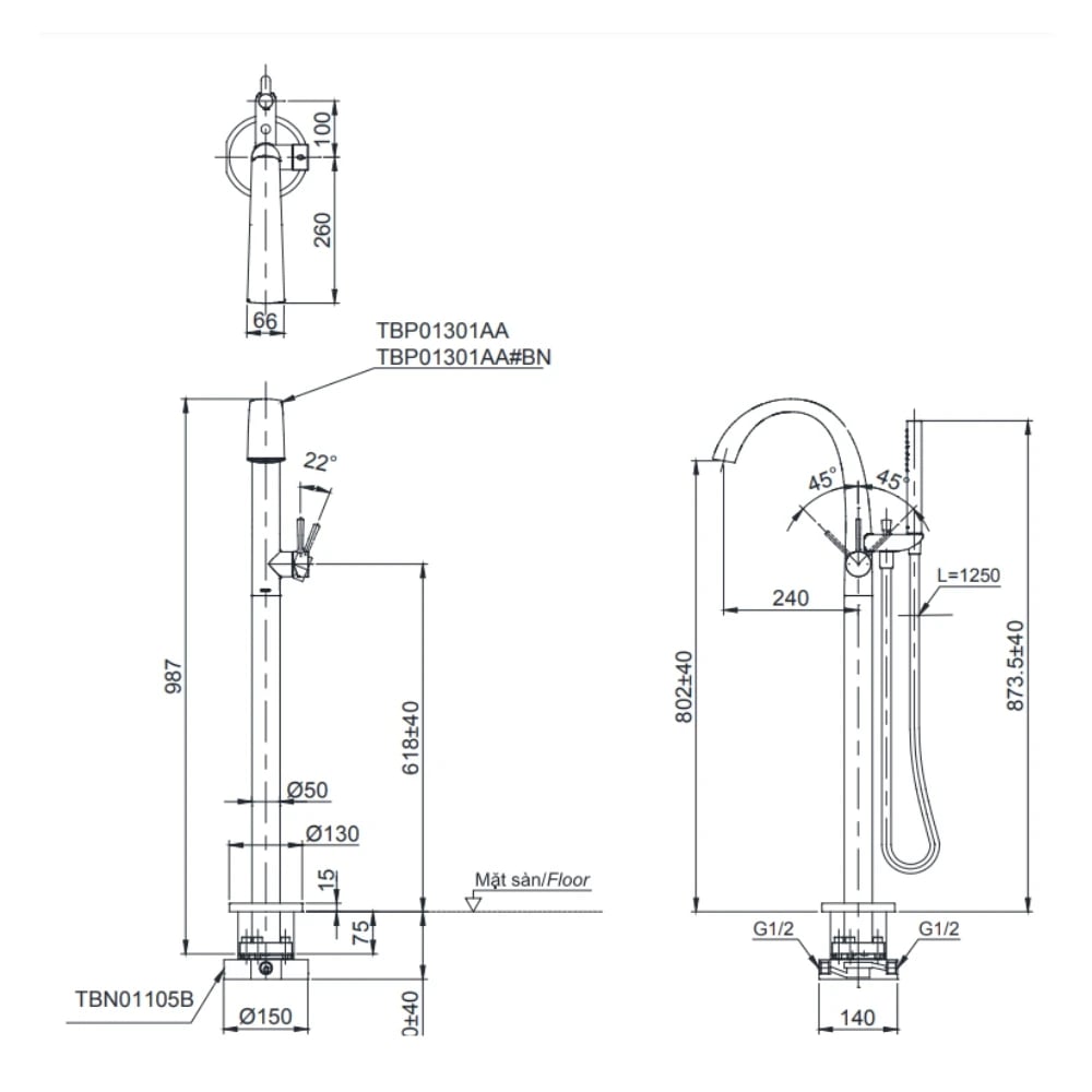 Ảnh Vòi xả bồn nóng lạnh TOTO TBP01301AA 2