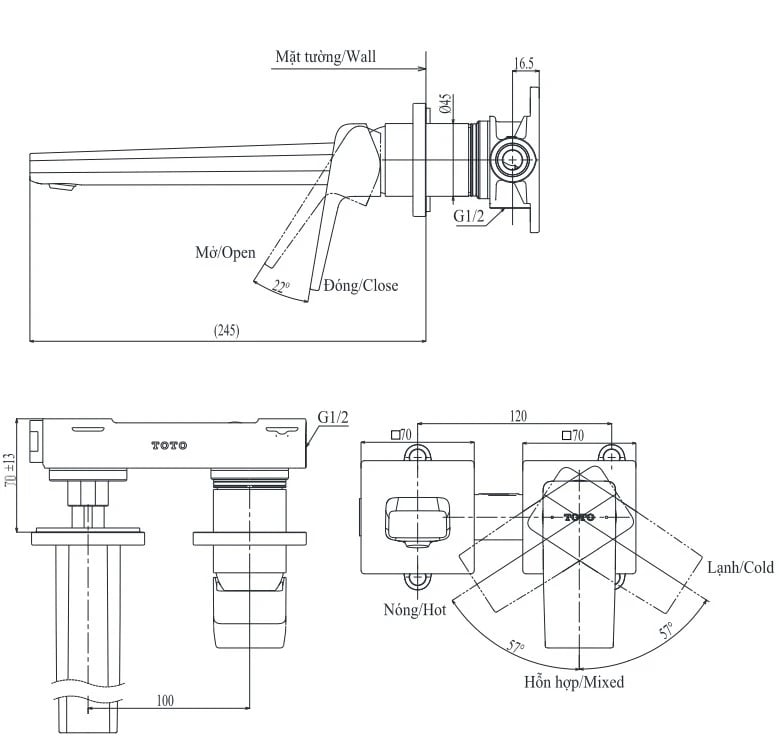 Ảnh Vòi chậu gắn tường TOTO TLG10308BB 2