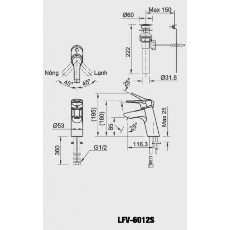 Bản vẽ kỹ thuật Vòi chậu Inax LFV-6012S