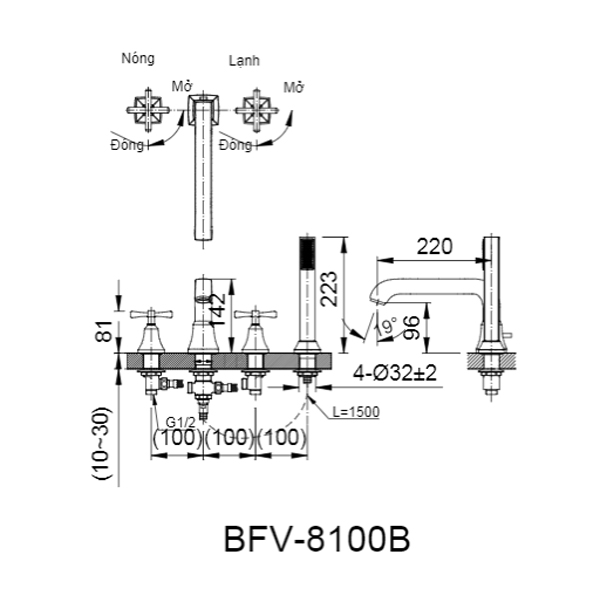 Bản vẽ kỹ thuật Vòi sen tắm gắn bồn Inax BFV-8100B 