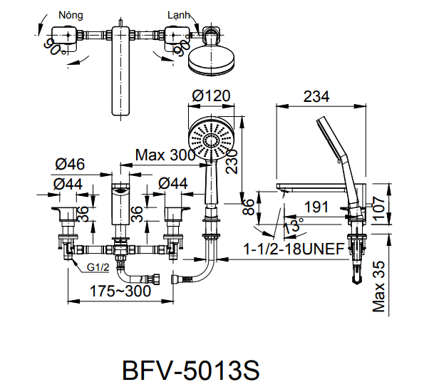 Bản vẽ kỹ thuật Vòi sen tắm gắn bồn Inax BFV-5013S