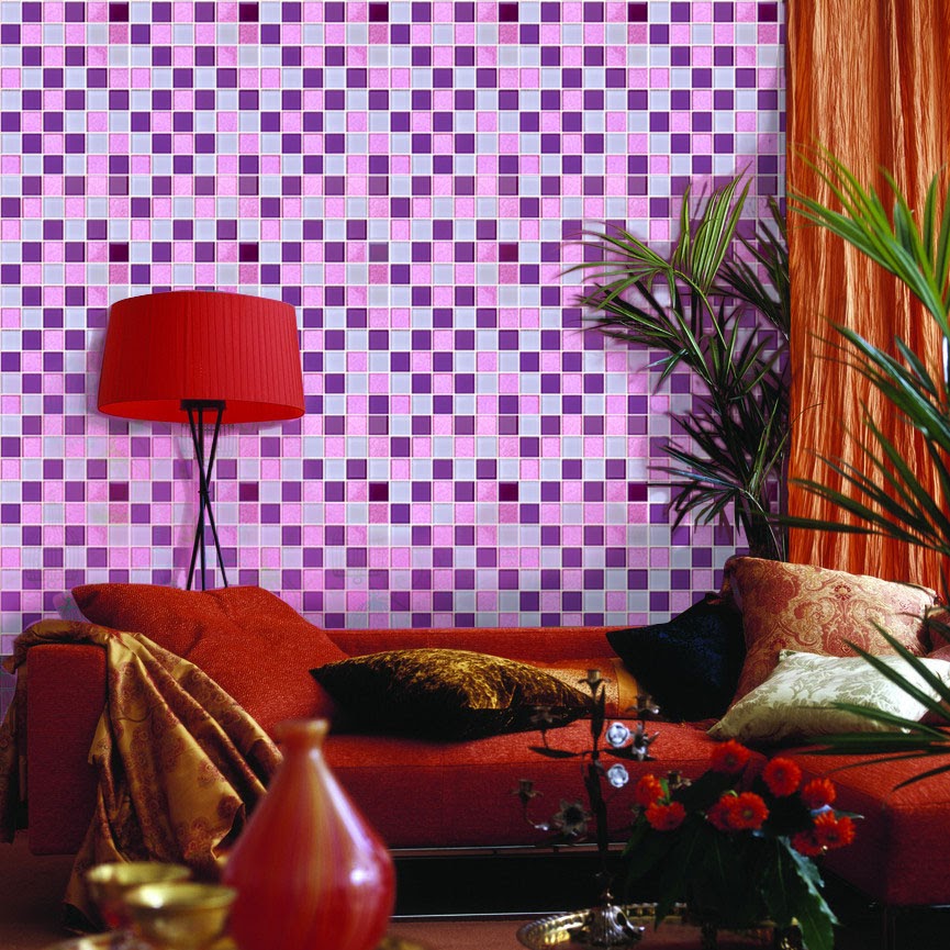 gạch mosaic màu tím kết hợp nội thất màu đỏ